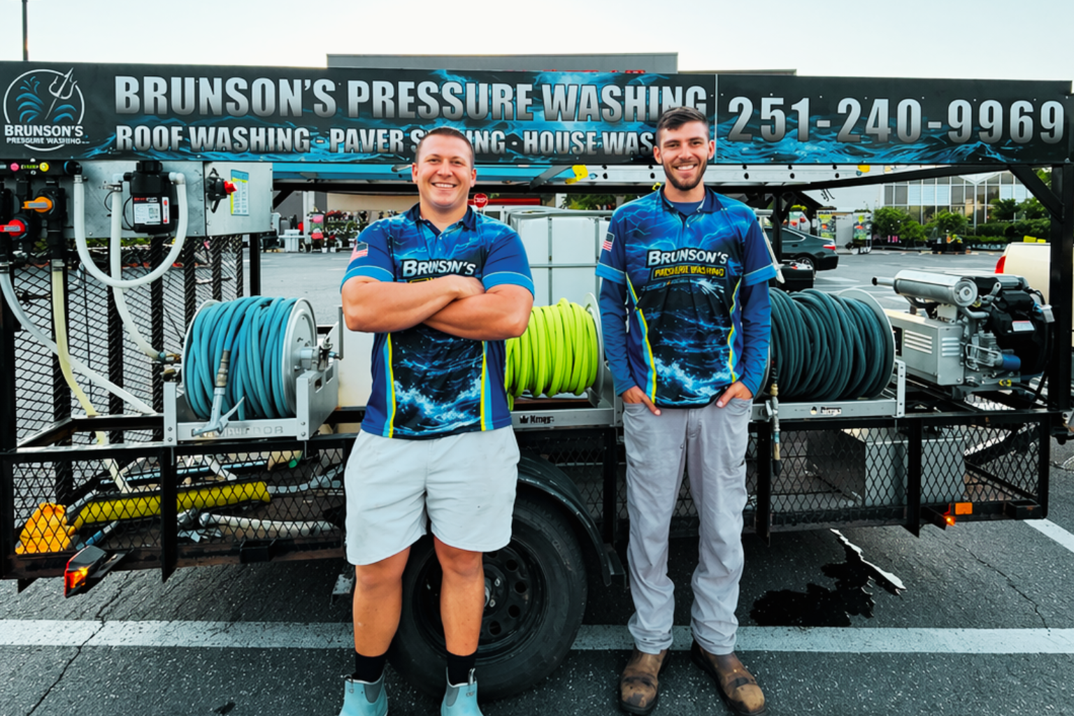 The Brunson's Pressure Washing crew in front of their equipment trailer